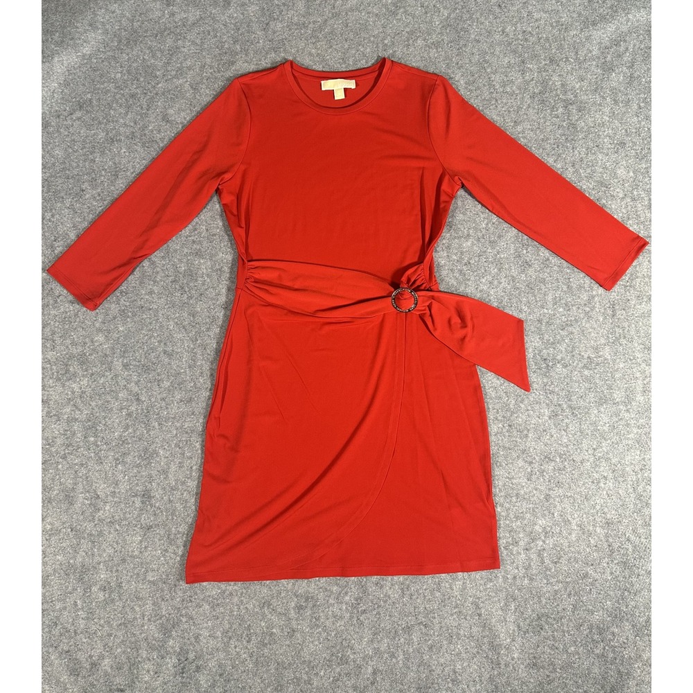 Michael Kors Side-Tie Sheath Dress Medium Red Logo Hardware Stretch Jersey